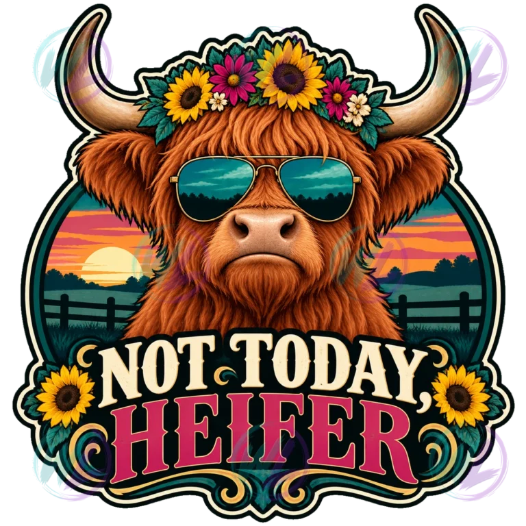 Highland cow sunglasses flower crown sunflowers sunset fence. Watermarked design preview.