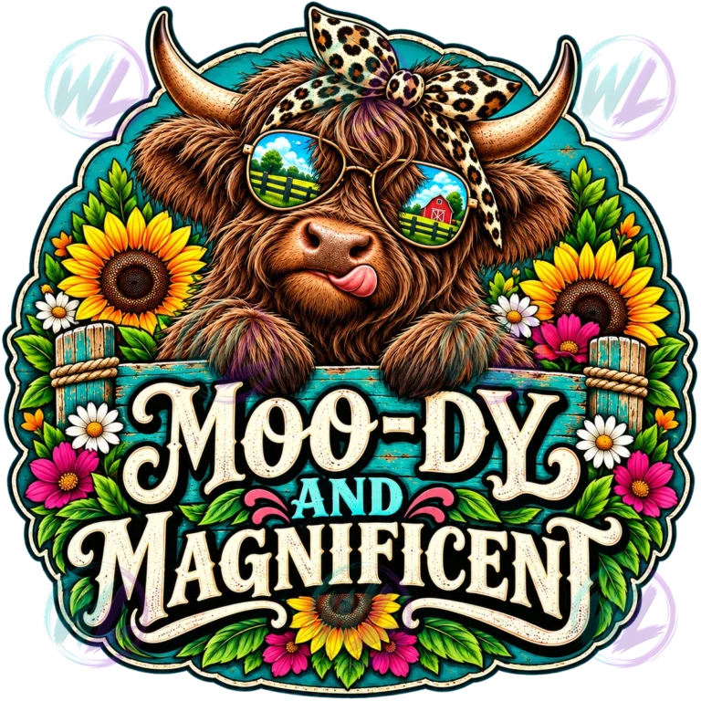Brown Highland cow leopard bow sunglasses sunflowers daisies pink flowers. Watermarked design preview.