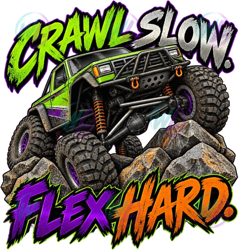 Green rock crawler truck flexing suspension on rocks. Watermarked design preview.