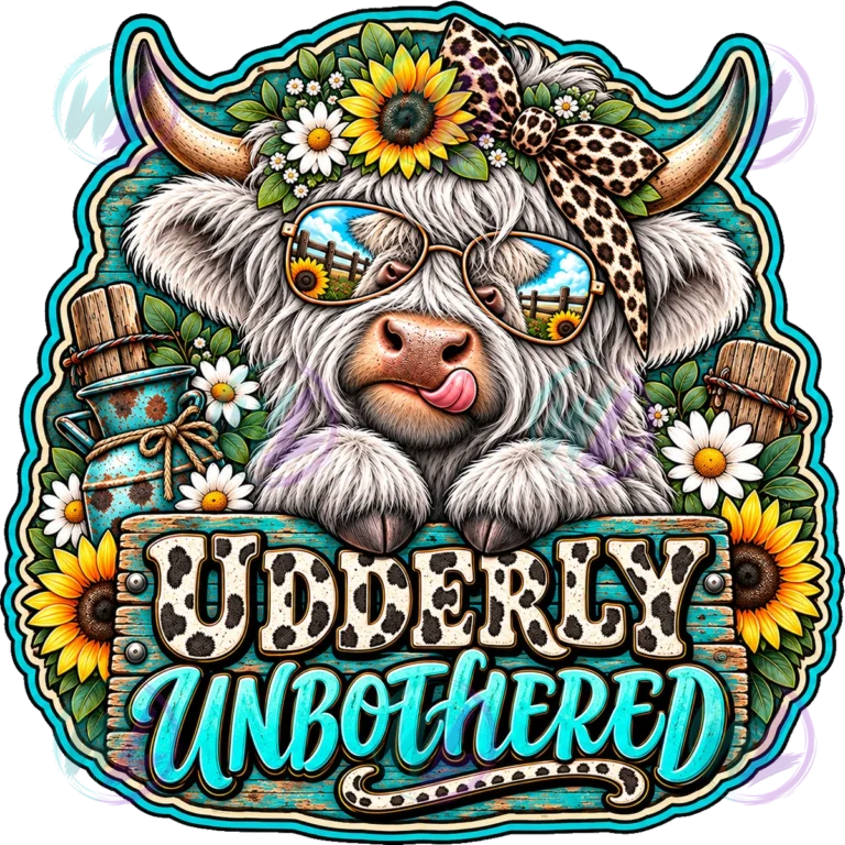 White Highland cow sunglasses leopard bow flower crown sunflowers daisies fence. Watermarked design preview.