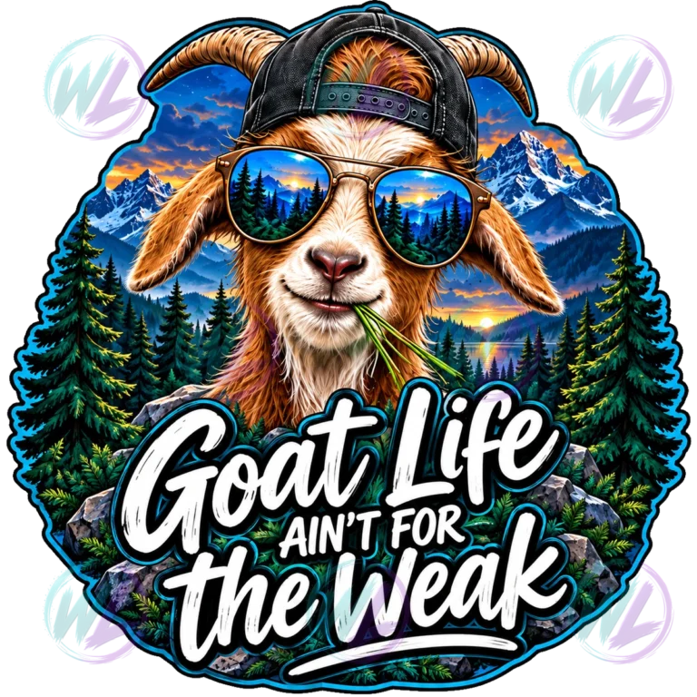 Goat wearing backwards cap sunglasses mountain lake pine trees. Watermarked design preview.