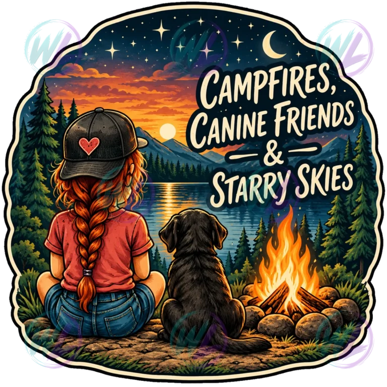 Red haired girl braid baseball cap sitting with black puppy by campfire lake stars moon. Watermarked design preview.
